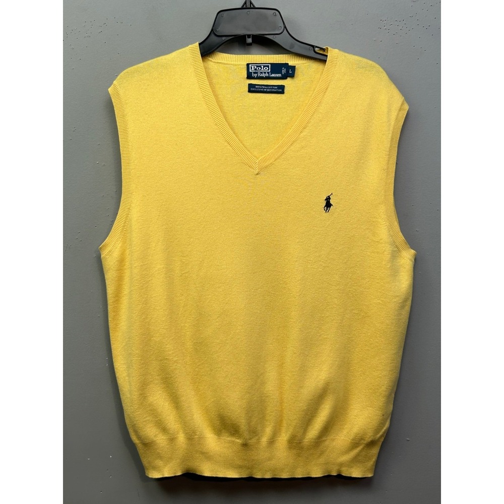 Polo Ralph Lauren Sweater Vest Mens Large Yellow Pima Cotton V-Neck Classic Logo